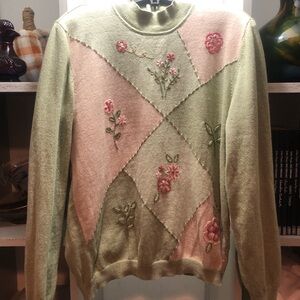Alfred Dunner Pink and Green Floral Embroidered Sweater
